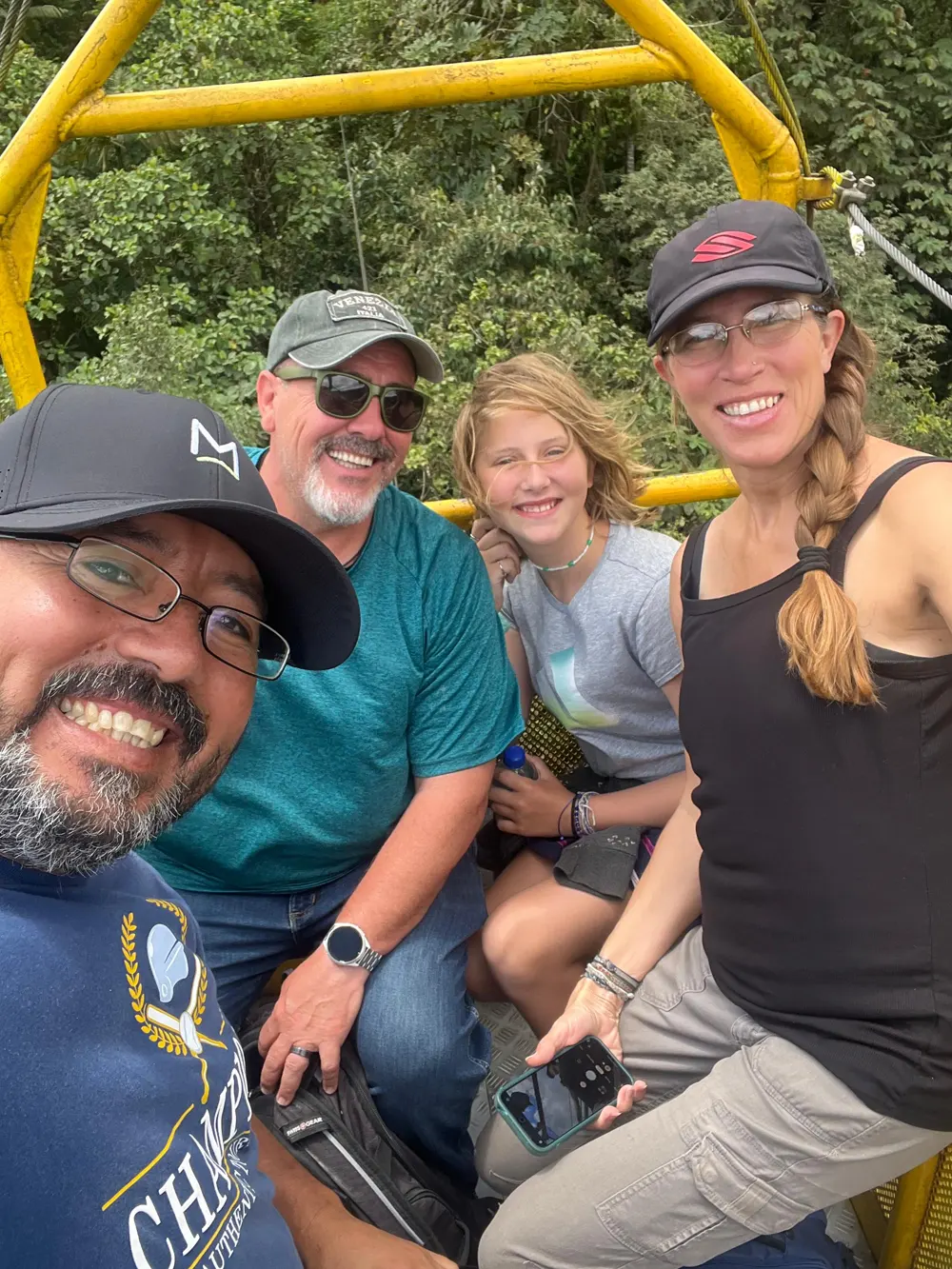 Travelers and me on the tarabita, we go hikink to the watwrfalls